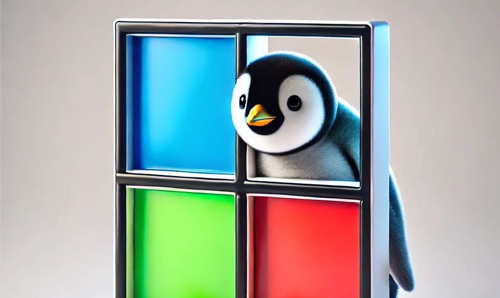 DALL·E 2024-12-02 16.57.12 - A cute penguin peeking out of a window designed to resemble the iconic Microsoft Windows logo, with its four colored panes (blue, green, red, and yell